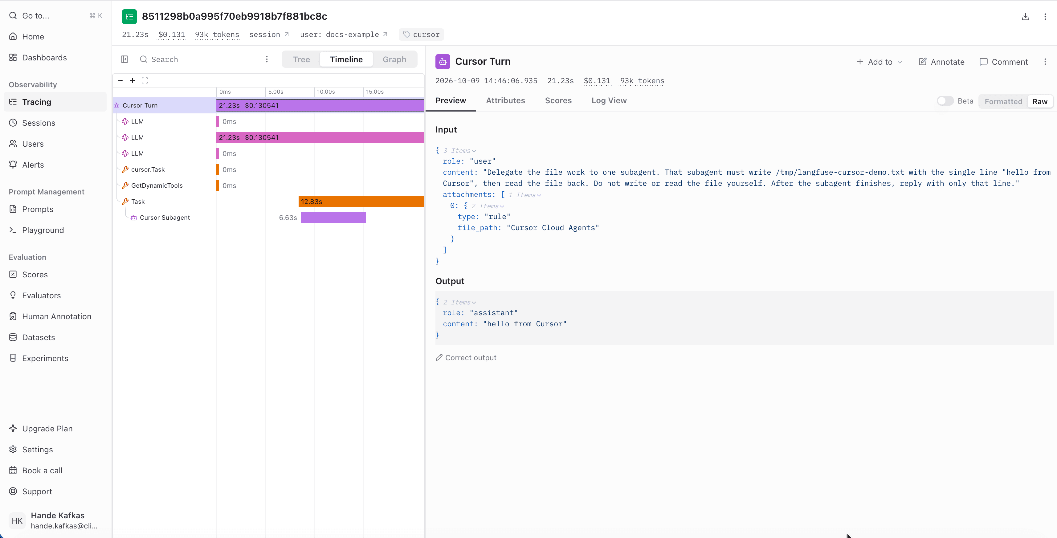 Cursor Turn in Langfuse, with LLM calls, a Task subagent, and the nested Cursor Subagent